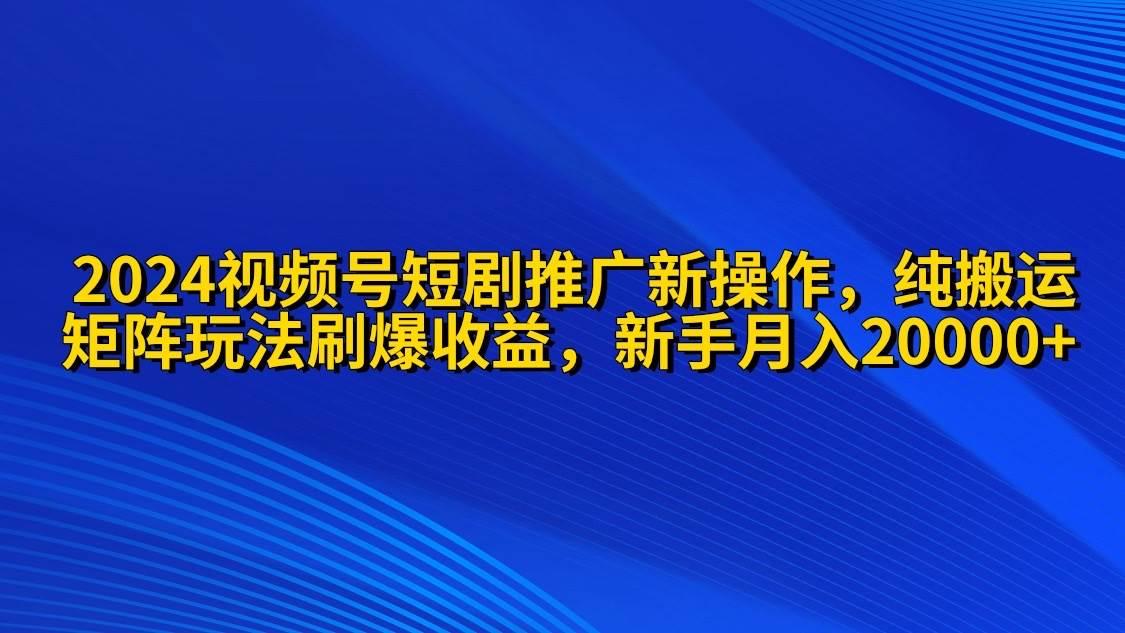 2024视频号短剧推广新操作 纯搬运+矩阵连爆打法刷爆流量分成 小白月入20000-蓝海无涯