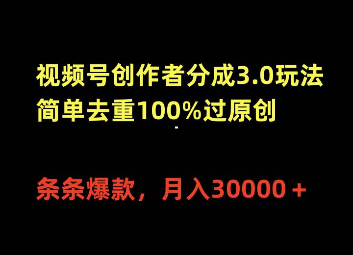 视频号创作者分成3.0玩法，简单去重100%过原创，条条爆款，月入30000＋-蓝海无涯