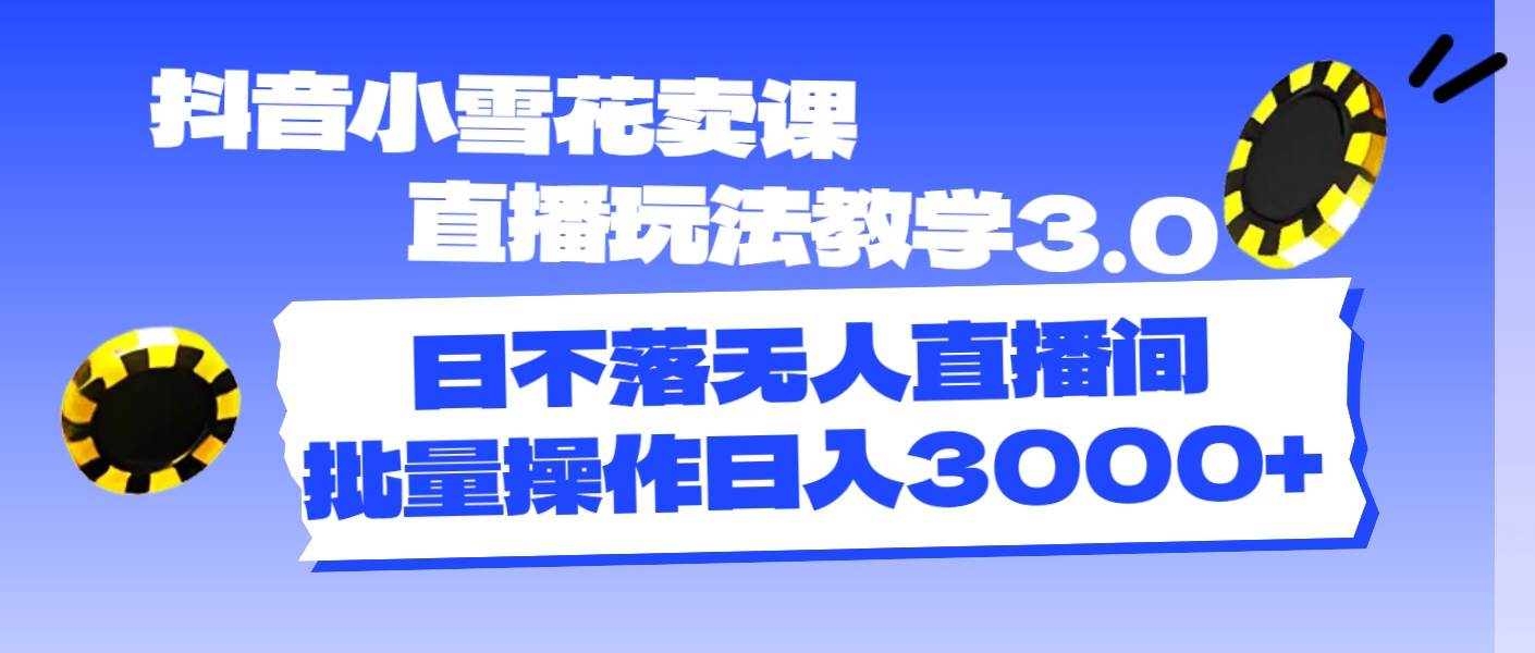 抖音小雪花卖课直播玩法教学3.0，日不落无人直播间，批量操作日入3000+-蓝海无涯