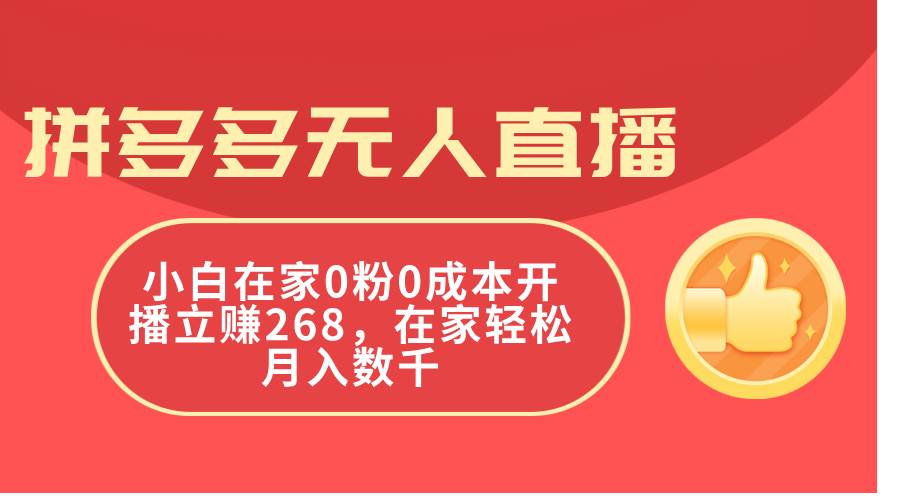 拼多多无人直播，小白在家0粉0成本开播立赚268，在家轻松月入数千-蓝海无涯