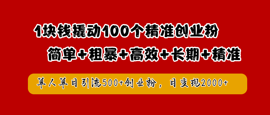 1块钱撬动100个精准创业粉，简单粗暴高效长期精准，单人单日引流500+创业粉，日变现2000+-蓝海无涯